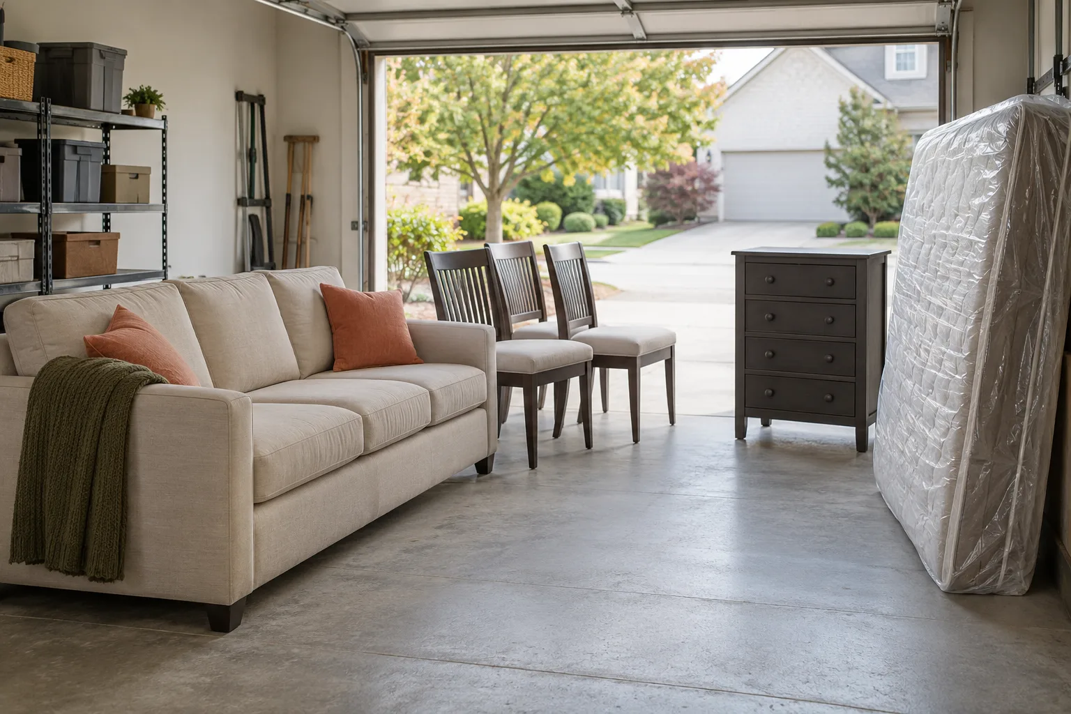 Sofa, chairs, dresser, and wrapped mattress staged in a clean garage