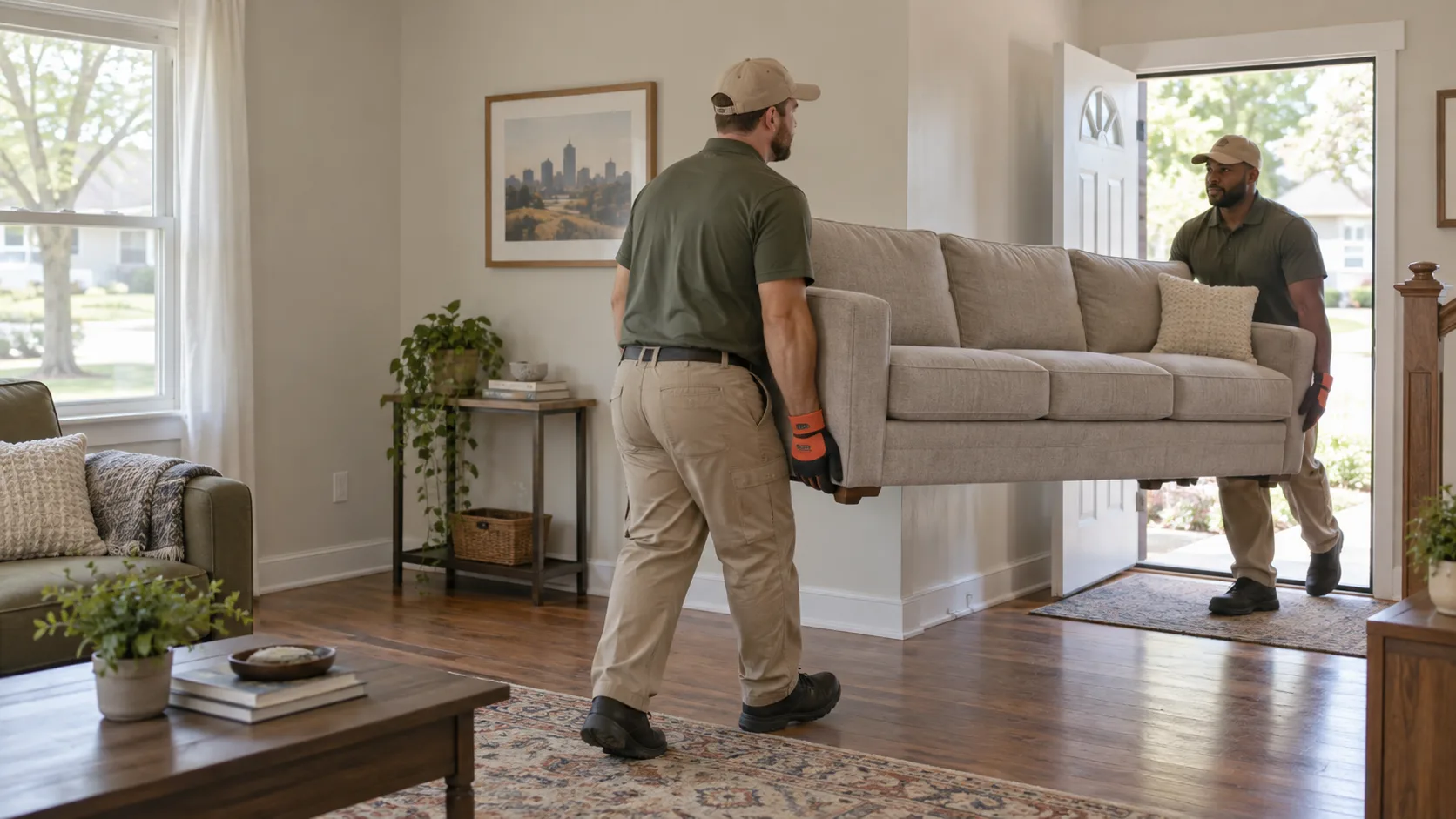 Two furniture movers carrying a sofa through the front door of a bright home