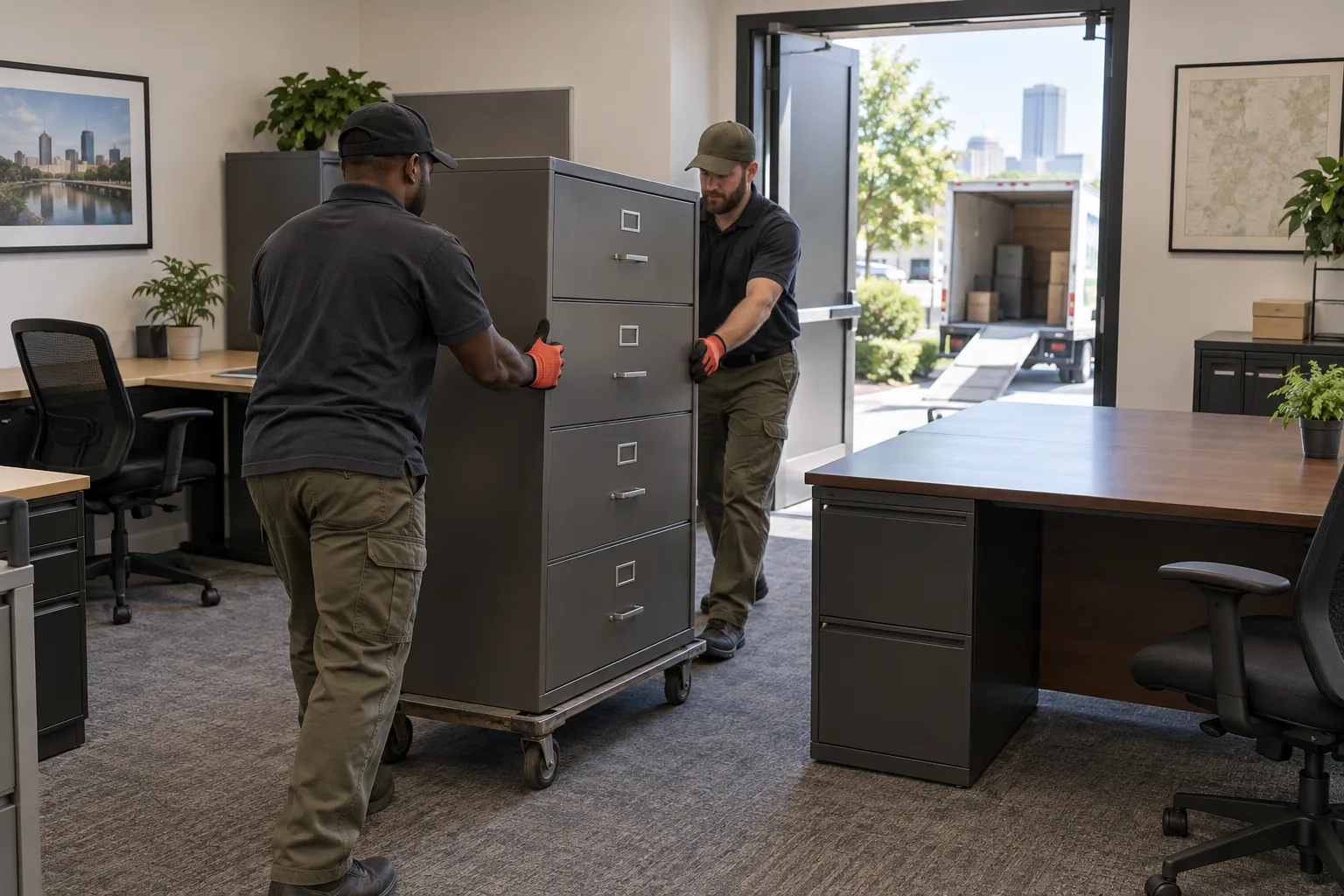 Furniture movers handling office furniture removal in a prepared room
