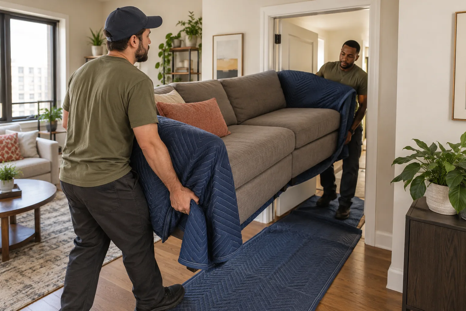 Furniture movers handling couch & sofa removal in a prepared room